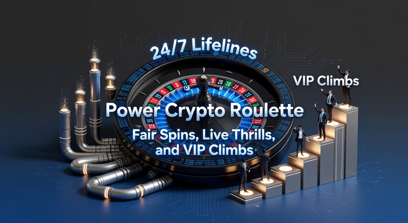 Dynamisches Bild von rotierendem Roulette-Rad mit Krypto-Symbolen und 24/7-Leuchtschildern, das faire Spins und Live-Action symbolisiert