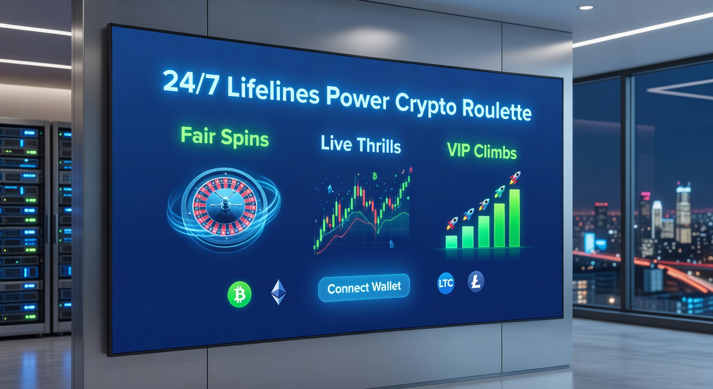 Live-Dealer am Roulette-Tisch mit Krypto-Wallet-Integration und VIP-Elementen, beleuchtet für nächtliche 24/7-Sessions