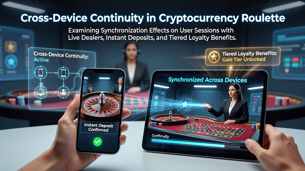 Illustration der geräteübergreifenden Synchronisation in Kryptowährungs-Roulette-Plattformen mit Live-Dealern und Blockchain-Transaktionen