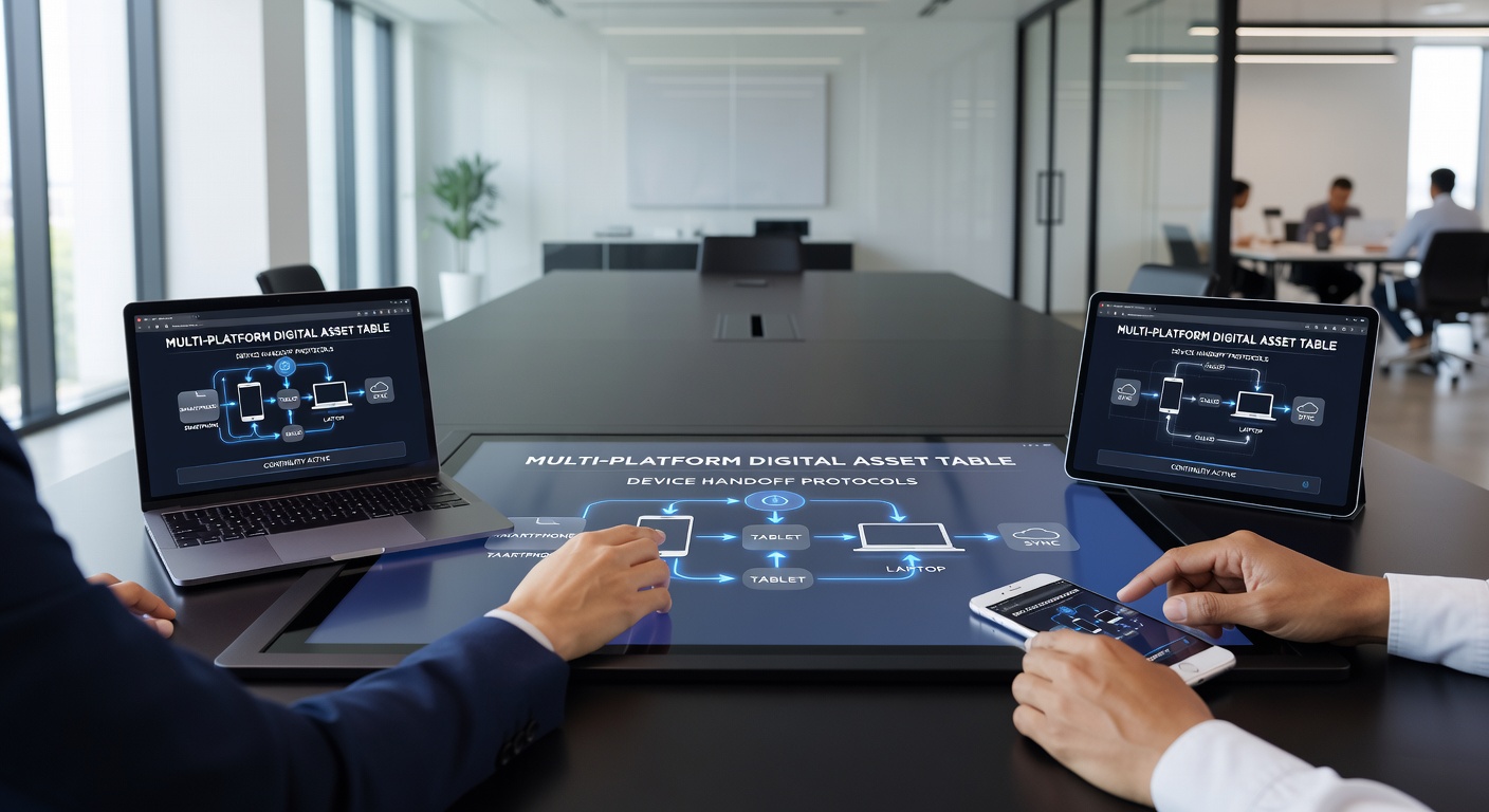 Illustration von Geräte-Handoff-Protokollen die nahtlose Übergänge zwischen Smartphones und Tablets in digitalen Asset-Tischsitzungen ermöglichen