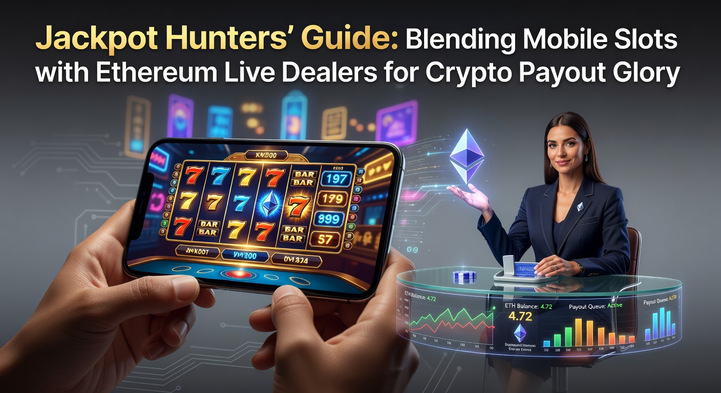 Smartphone mit leuchtenden Slot-Maschinen und Ethereum-Logos im Vordergrund, umgeben von Live-Dealer-Karten und Jackpot-Zählern