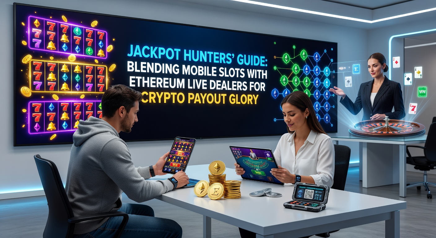 Live-Dealer am Tisch mit Ethereum-Chips und im Hintergrund explodierende Slot-Jackpots auf einem Tablet-Bildschirm
