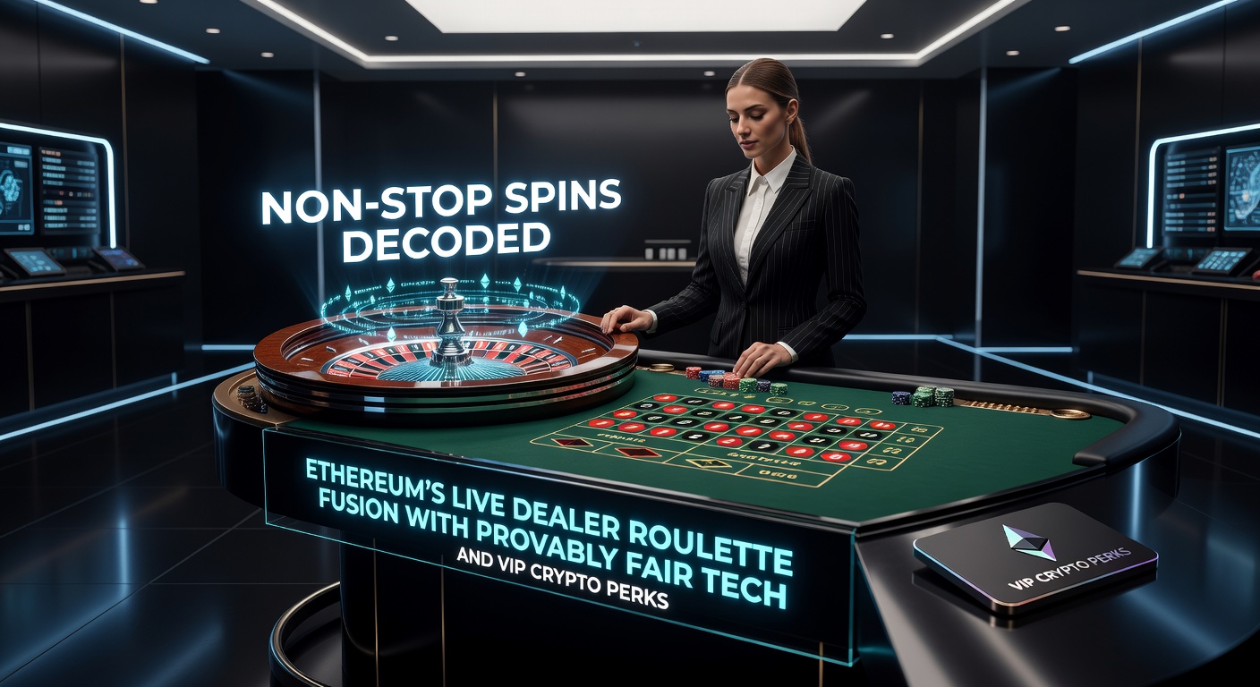 Drehende Roulette-Tafel mit Ethereum-Logo und Live-Dealer im Vordergrund, umgeben von Blockchain-Symbolen für provable fairness