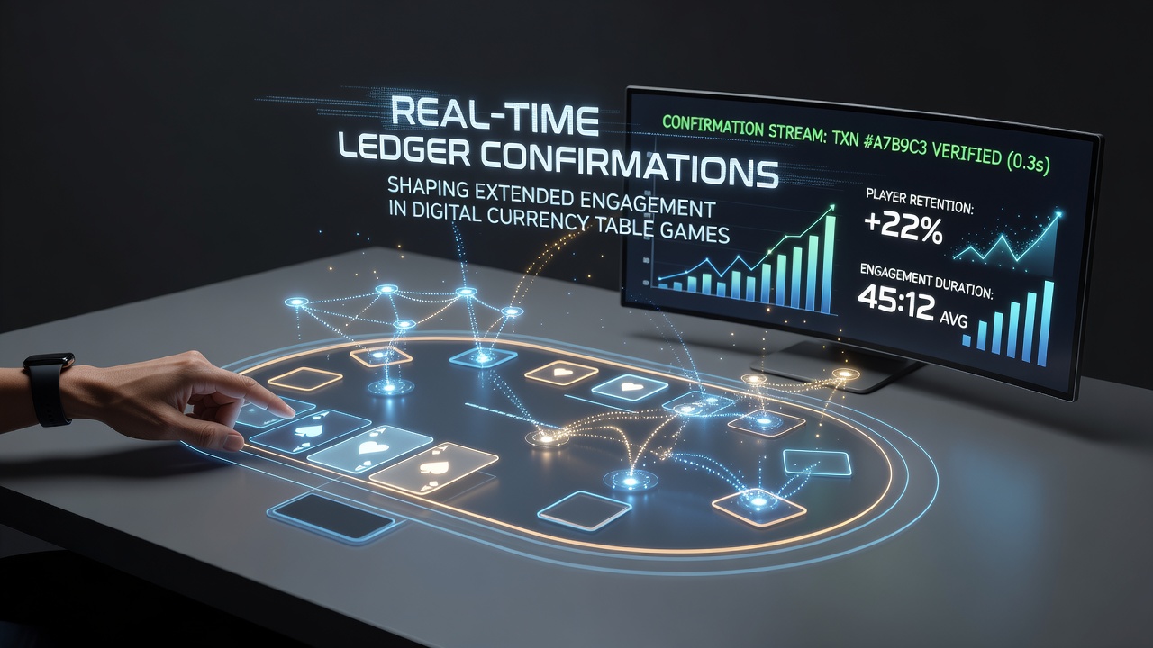 Live-Tischspiel-Szene mit digitalen Währungstransaktionen und Ledger-Bestätigungen