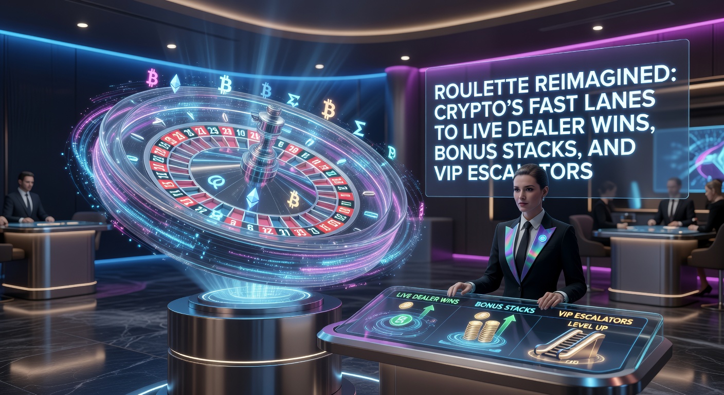 Drehender Roulette-Tisch mit Krypto-Symbolen und Live-Dealer im Scheinwerferlicht, symbolisiert schnelle Crypto-Wege zu Gewinnen