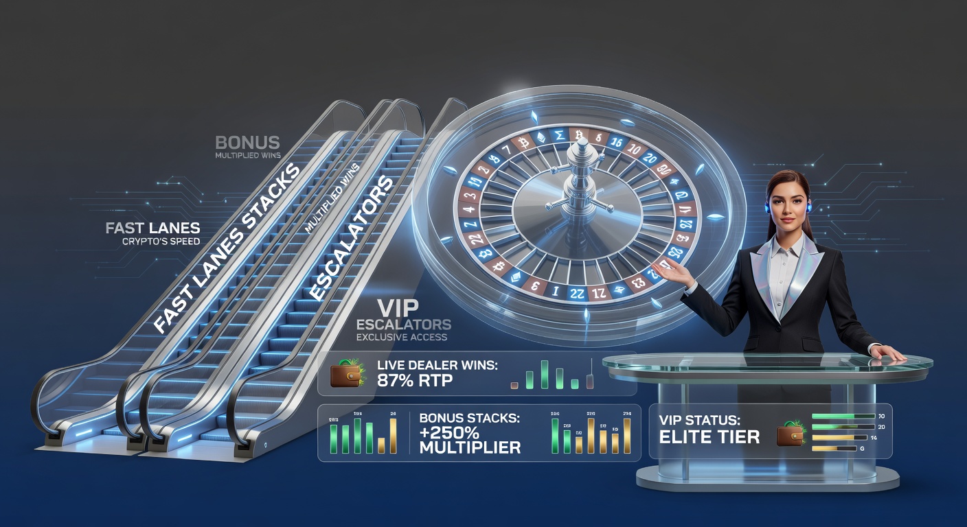 VIP-Spieler am High-Stakes-Roulette-Tisch mit gestapelten Bonus-Chips und Crypto-Wallet-Anzeige, zeigt Escalator zu exklusiven Levels