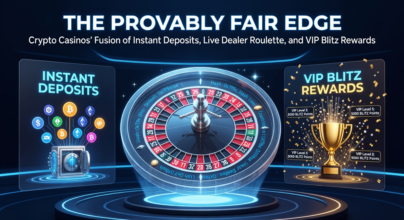 Grafik zeigt eine moderne Crypto-Casino-Plattform mit Blockchain-Elementen, Live-Roulette-Tisch und blitzschnellen Transaktionssymbolden